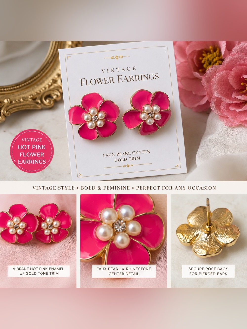 **Vintage Hot Pink Flower Petal Earrings w/Faux Pearl Center & Gold Trim**
